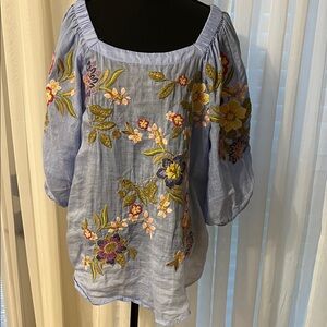 Sundance Blue Blouse with Colorful Floral Embroidery